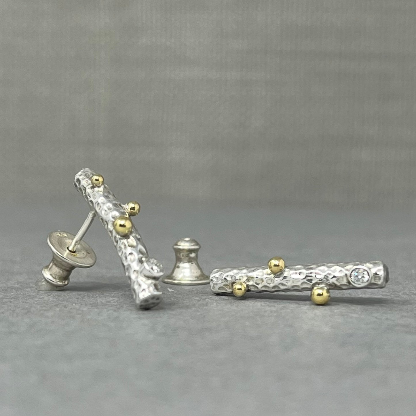 Silver, Gold and Diamond Twig Earrings