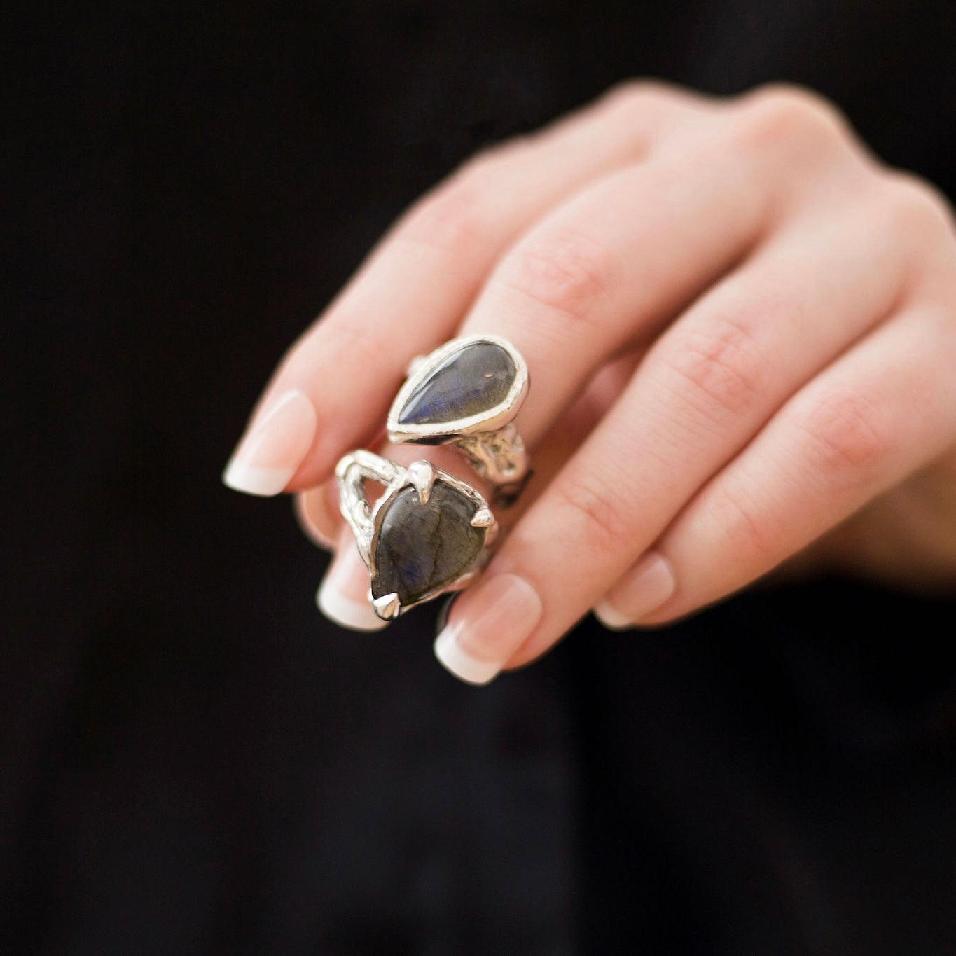 Silver Pear Shape Labradorite Ring