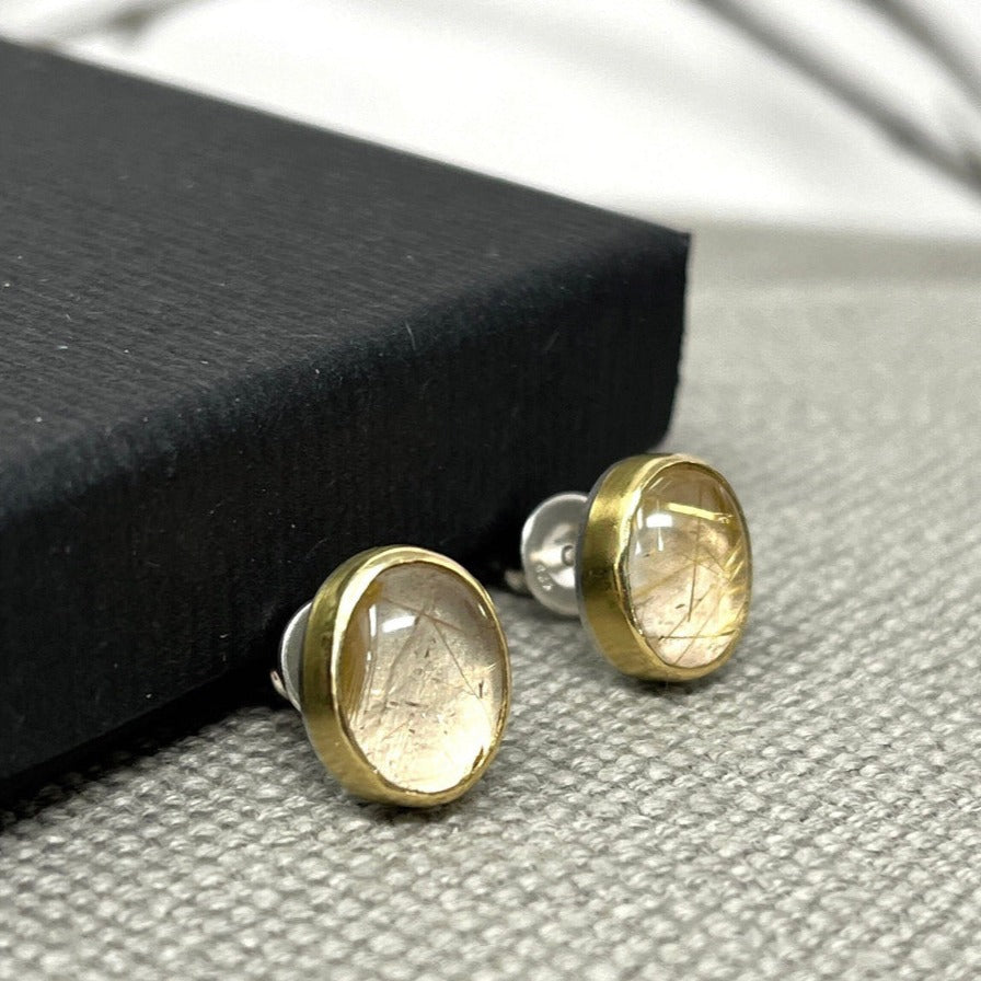 Silver and Gold Rutilated quartz Oval Earrings