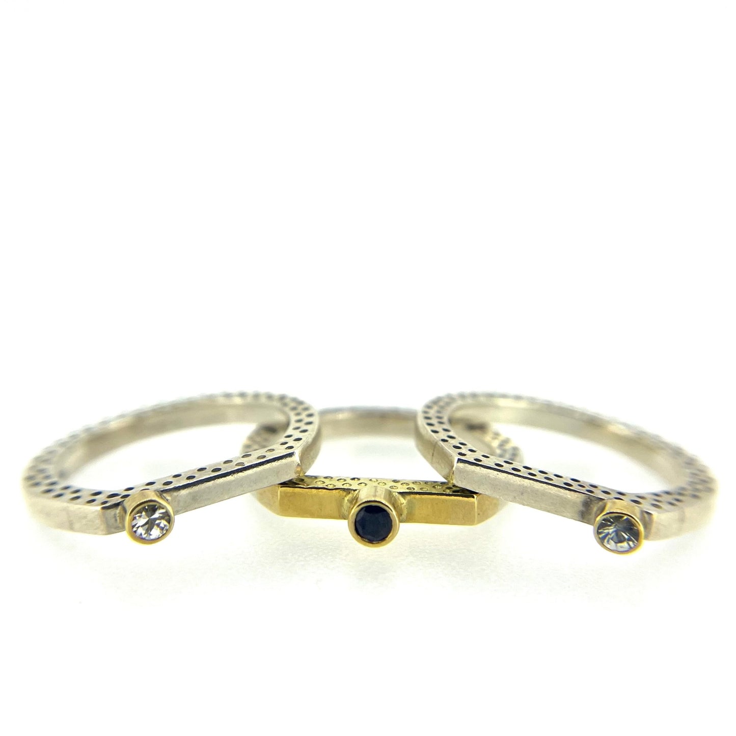 Moissanite & Sapphire, Silver and 18ct Gold Stacking Rings - Emily Lisbeth Jewellery