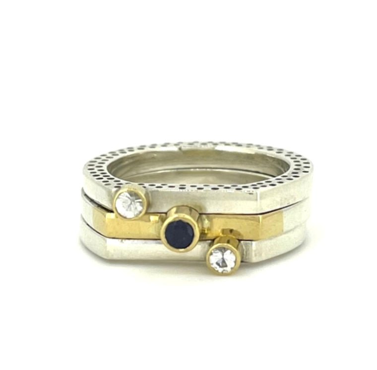 Moissanite & Sapphire, Silver and 18ct Gold Stacking Rings - Emily Lisbeth Jewellery