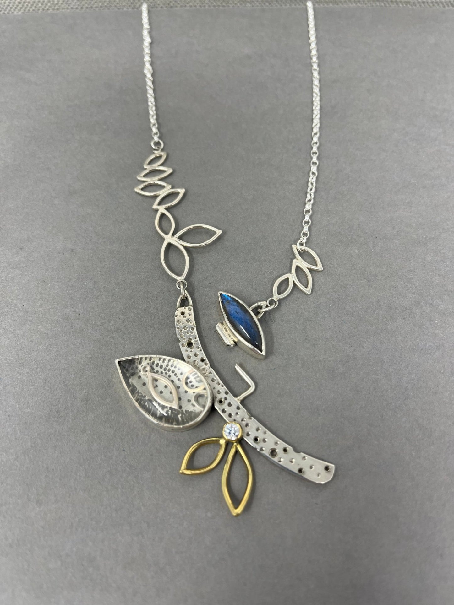 Silver and 18ct Gold Moissanite Leaf Necklace - Emily Lisbeth Jewellery