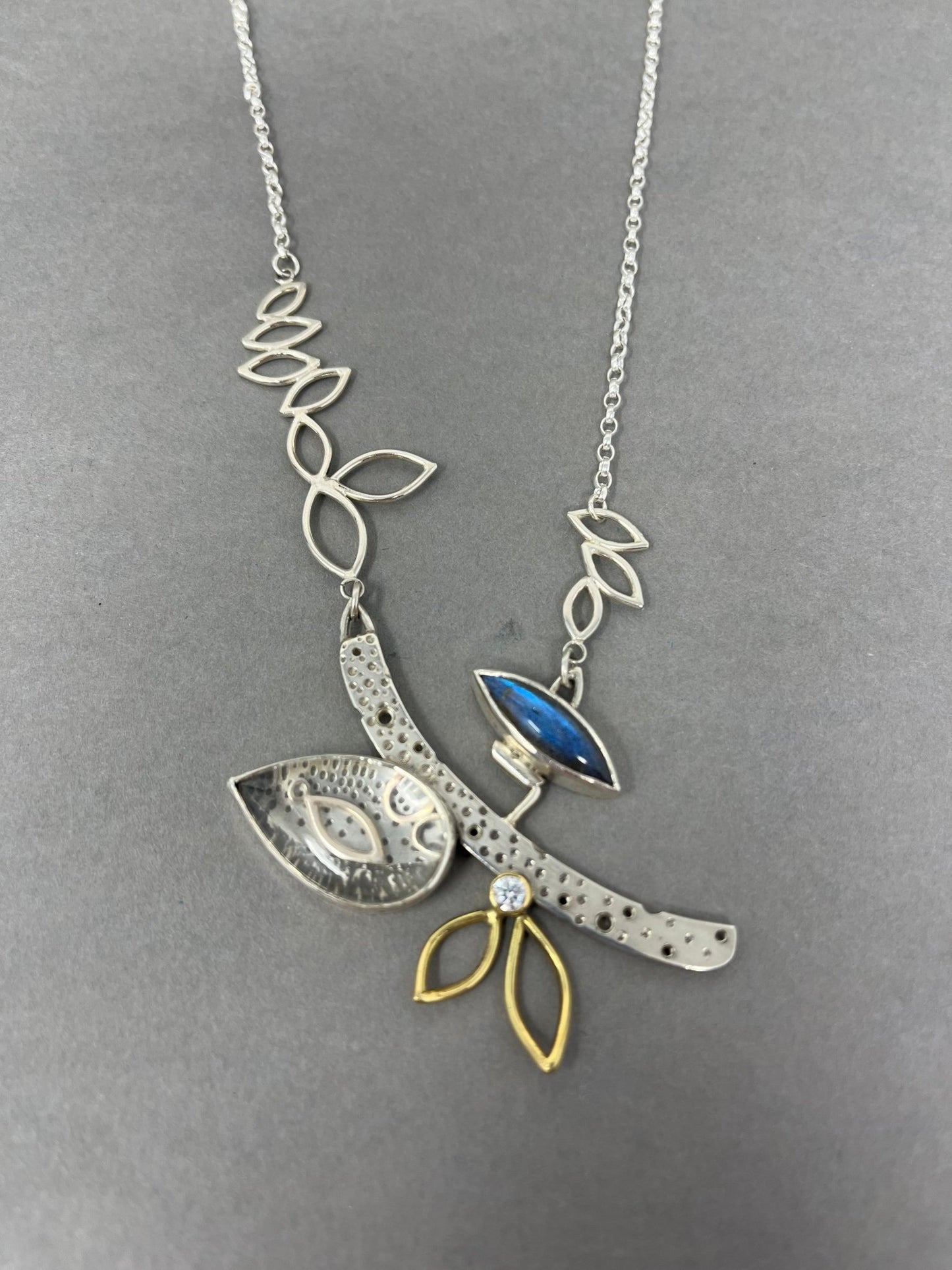 Silver and 18ct Gold Moissanite Leaf Necklace - Emily Lisbeth Jewellery