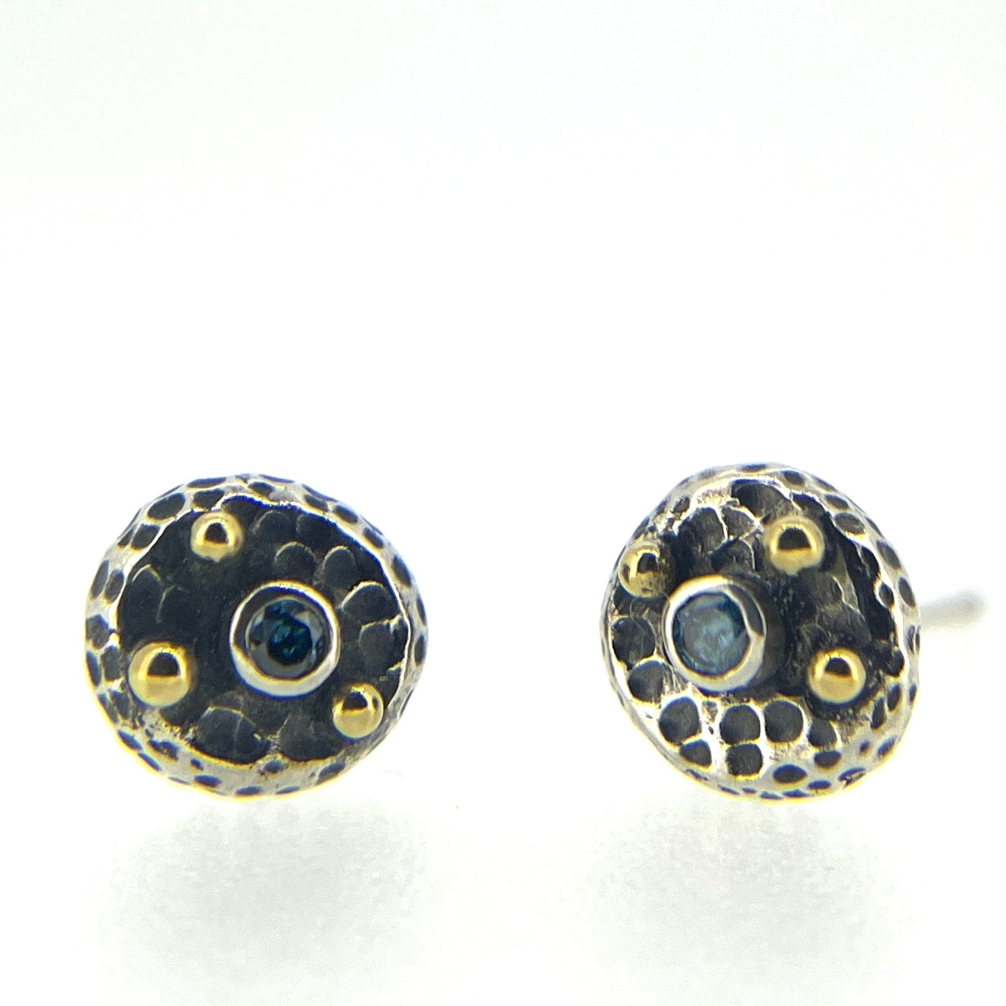 Silver and Gold Blue Diamond Studs - Emily Lisbeth Jewellery