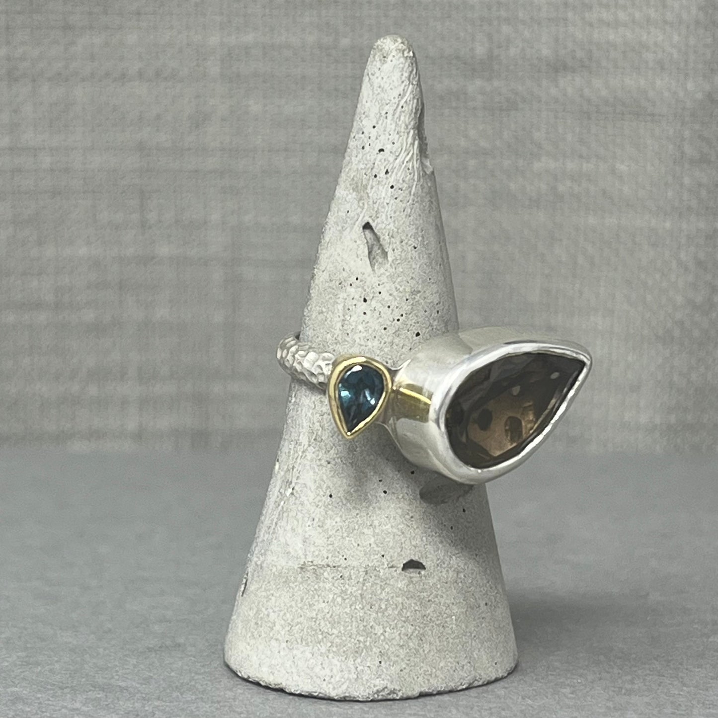 Smoky Quartz and Topaz Cocktail Ring / Sterling Silver and 18ct