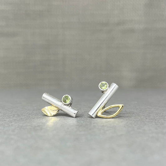 Peridot Leaf Earrings / Sterling Silver and 18ct Gold