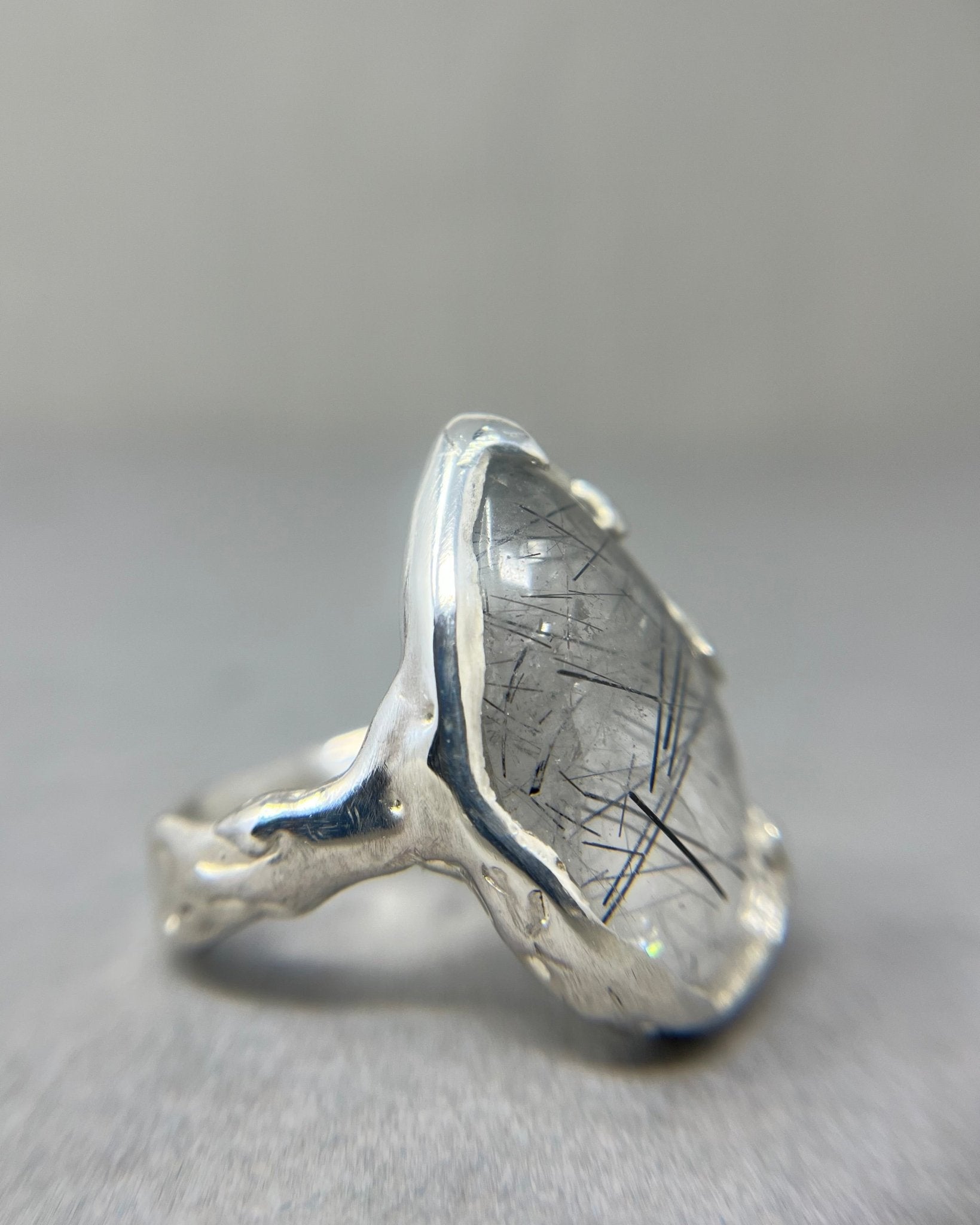 Chunky Pear Rutilated Quartz Silver Statement Ring - Emily Lisbeth Jewellery