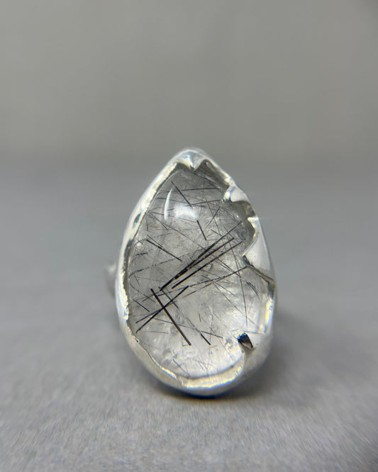 Chunky Pear Rutilated Quartz Silver Statement Ring - Emily Lisbeth Jewellery