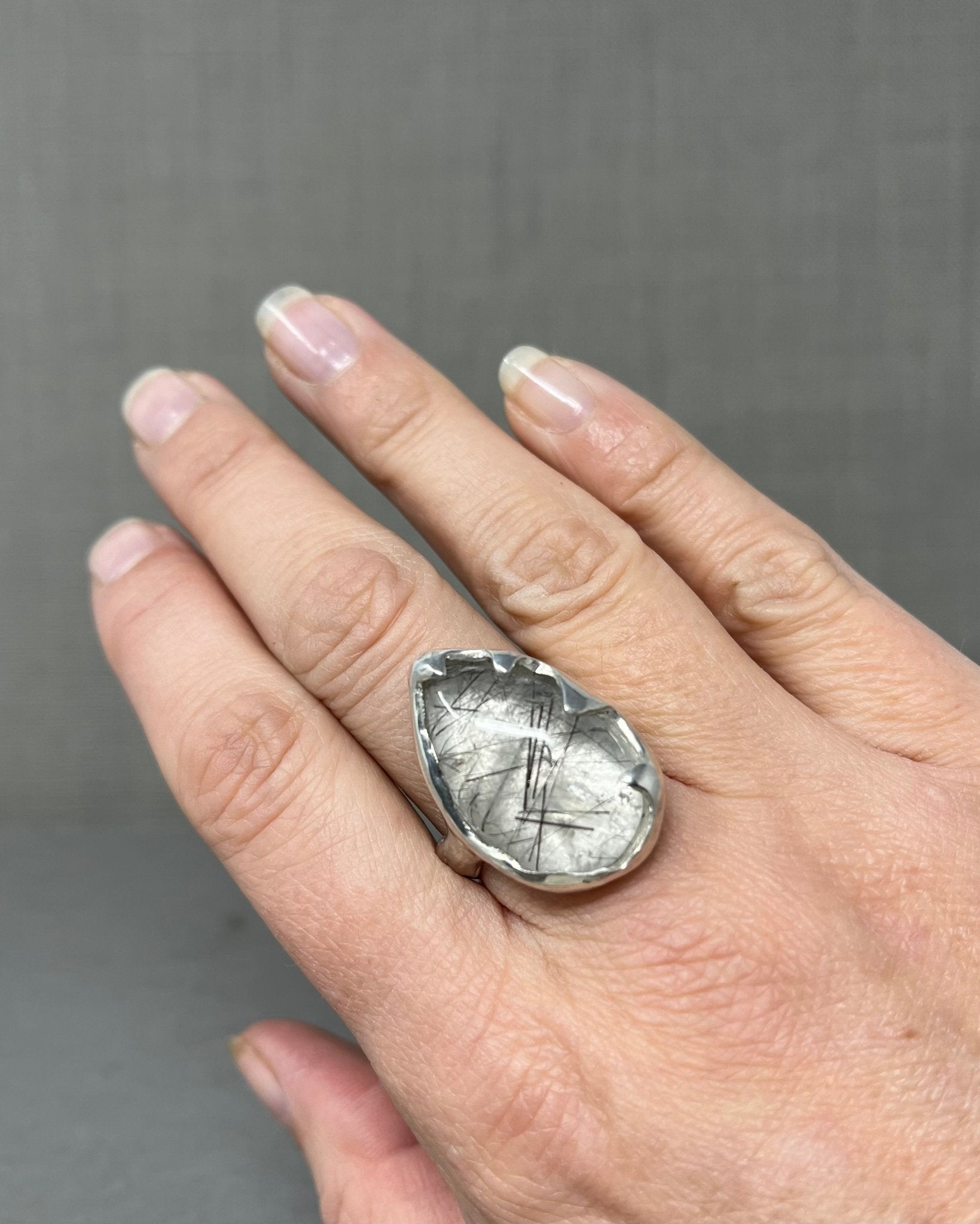 Chunky Pear Rutilated Quartz Silver Statement Ring - Emily Lisbeth Jewellery