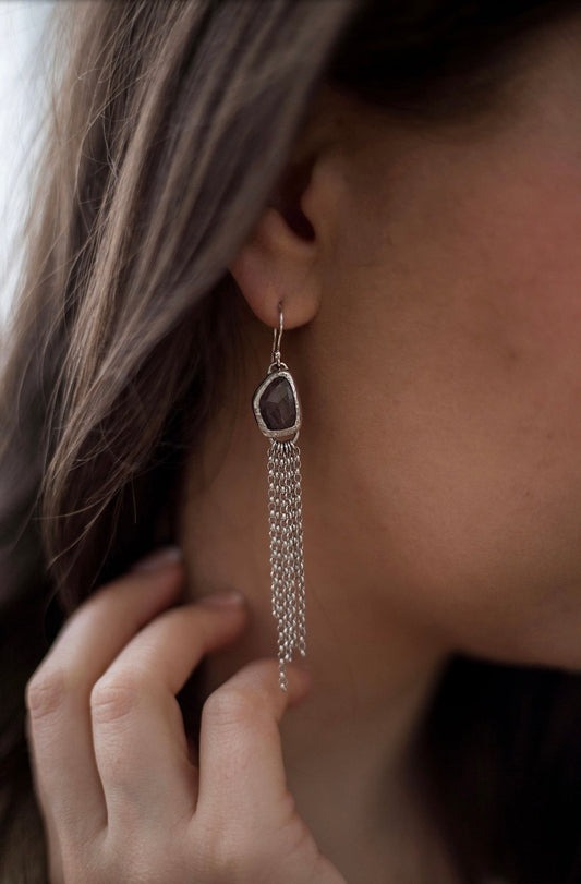 Silver Sapphire chain drop earrings
