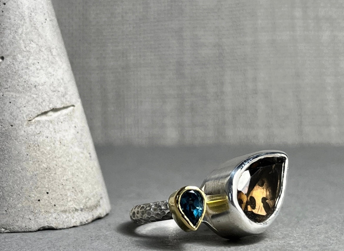 Smoky Quartz and Topaz Cocktail Ring / Sterling Silver and 18ct