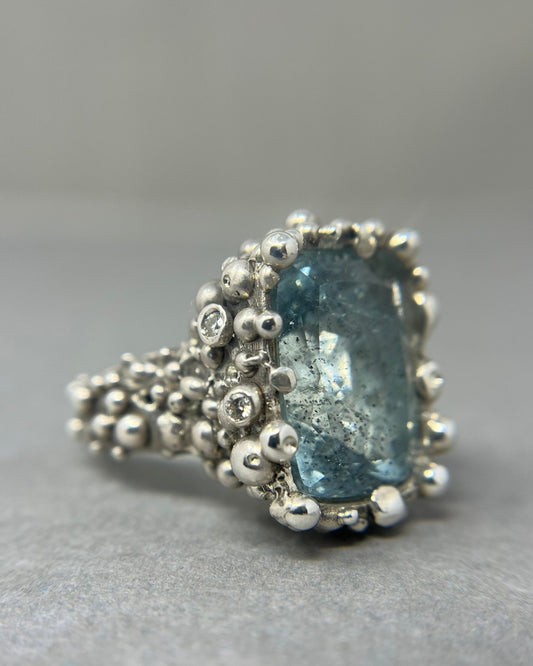 Large Bubbly Aquamarine and Diamond Cocktail Ring - Emily Lisbeth Jewellery