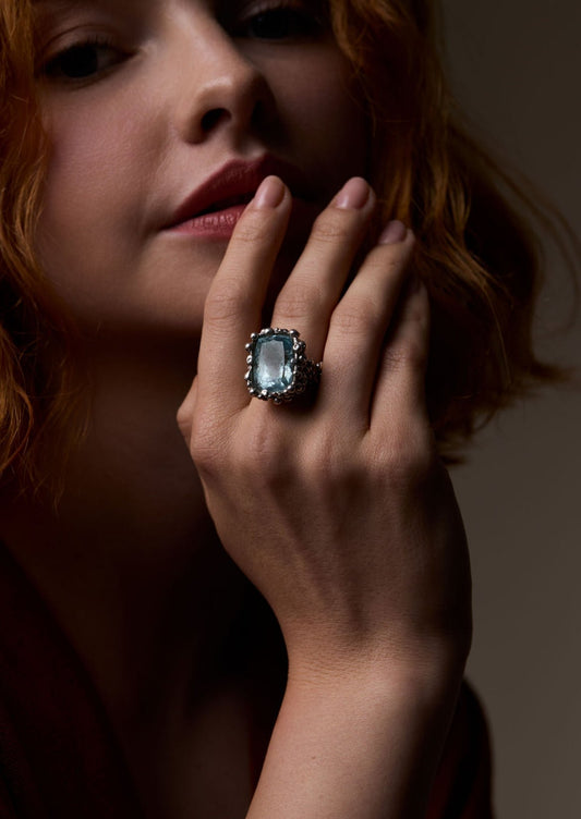 Large Bubbly Aquamarine and Diamond Cocktail Ring - Emily Lisbeth Jewellery