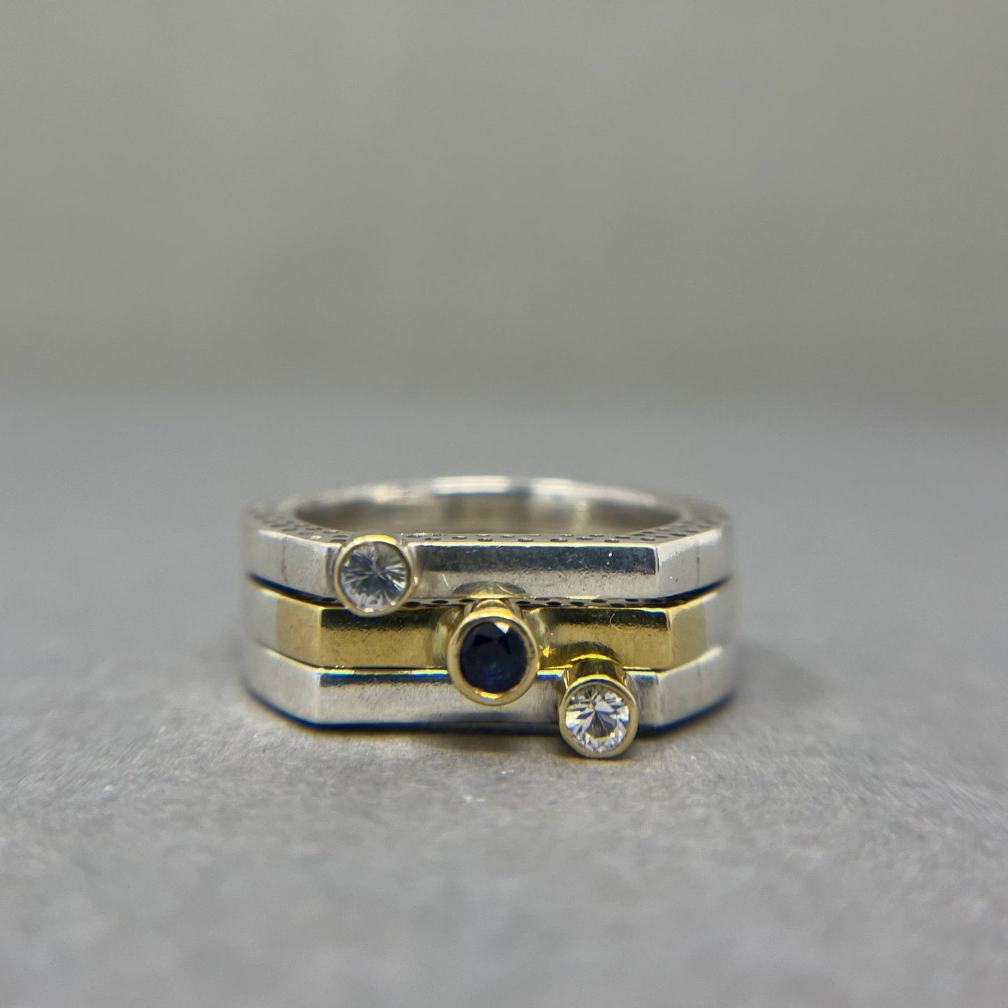 Moissanite & Sapphire, Silver and 18ct Gold Stacking Rings - Emily Lisbeth Jewellery