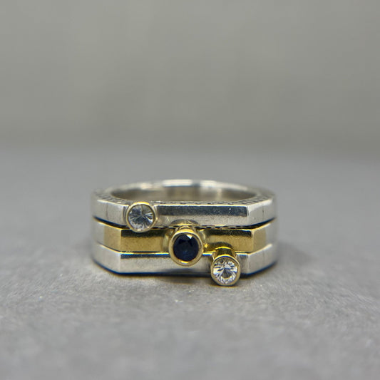 Moissanite & Sapphire, Silver and 18ct Gold Stacking Rings - Emily Lisbeth Jewellery
