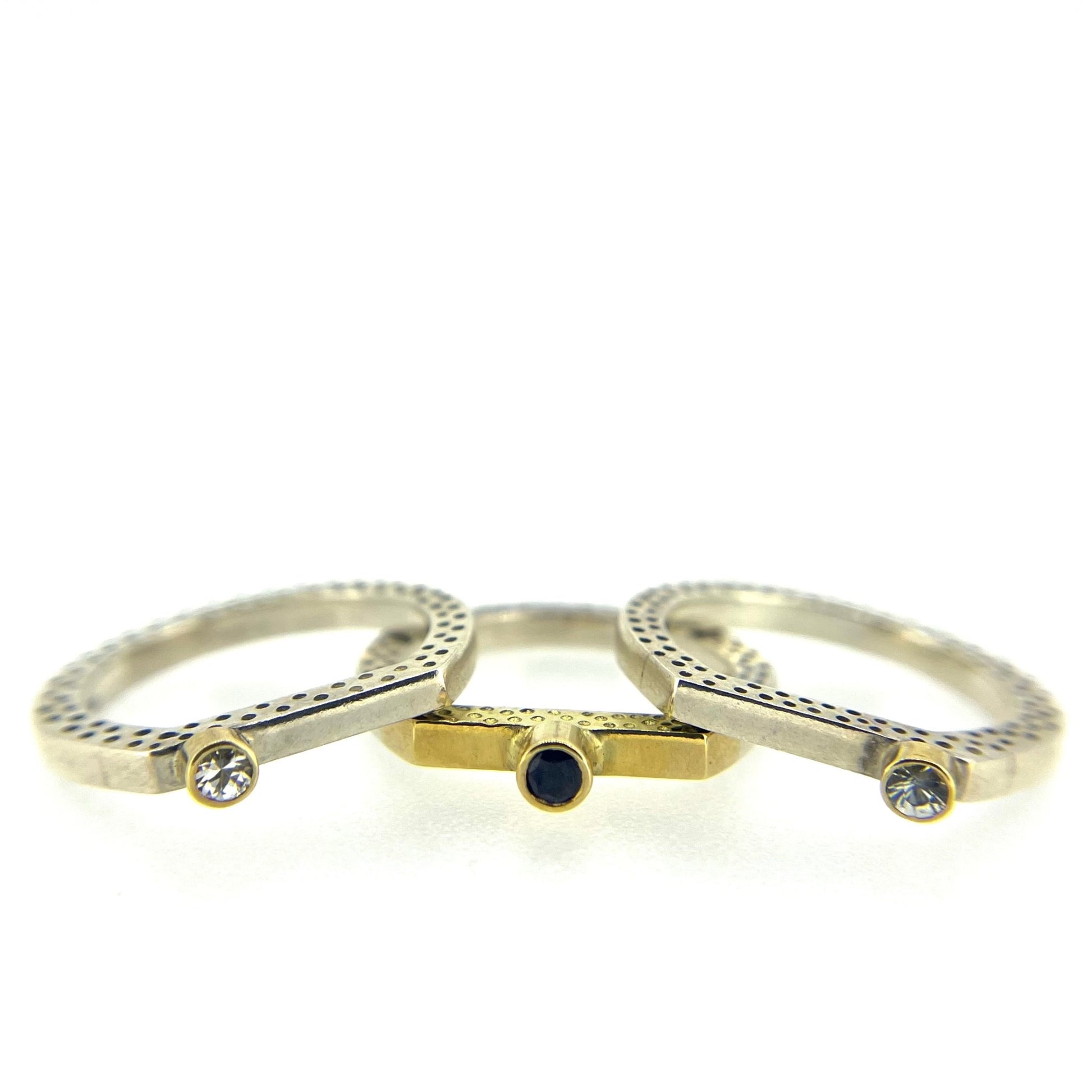 Moissanite & Sapphire, Silver and 18ct Gold Stacking Rings - Emily Lisbeth Jewellery
