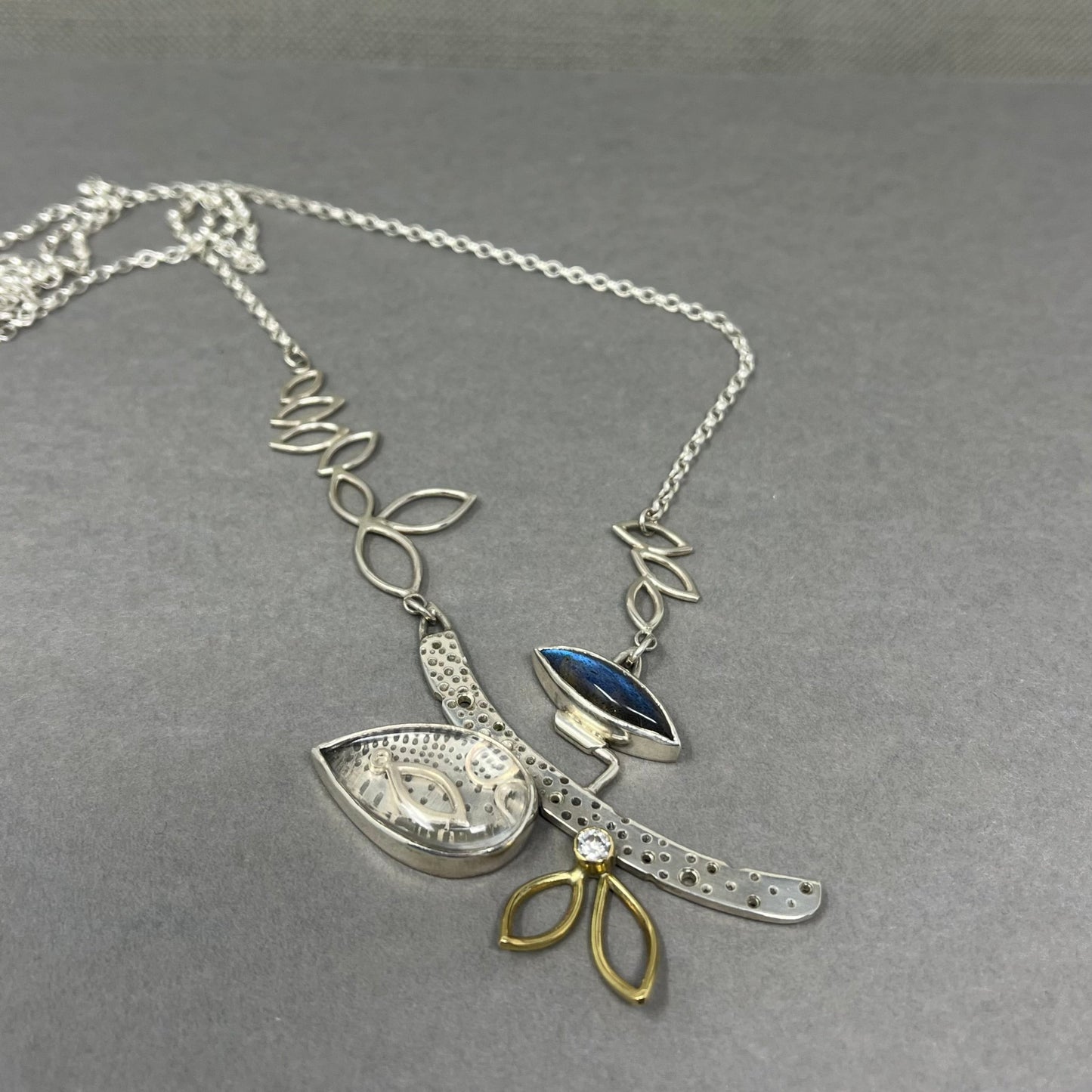 Silver and 18ct Gold Moissanite Leaf Necklace - Emily Lisbeth Jewellery