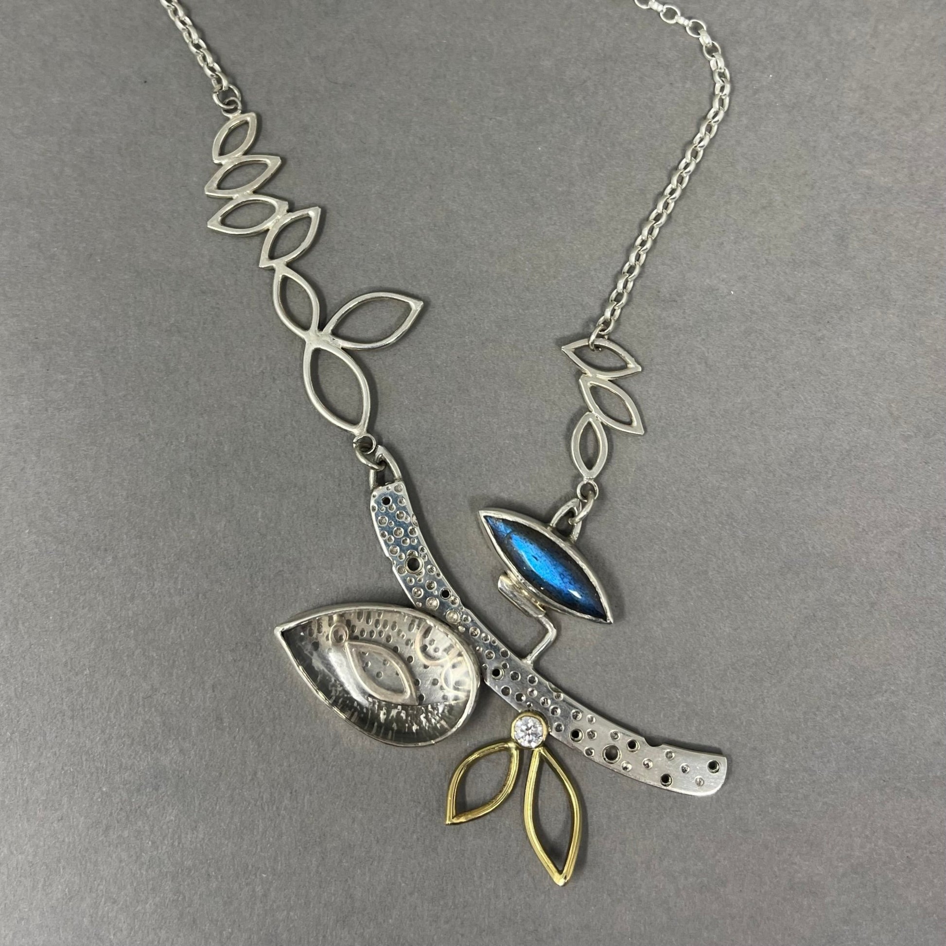 Silver and 18ct Gold Moissanite Leaf Necklace - Emily Lisbeth Jewellery
