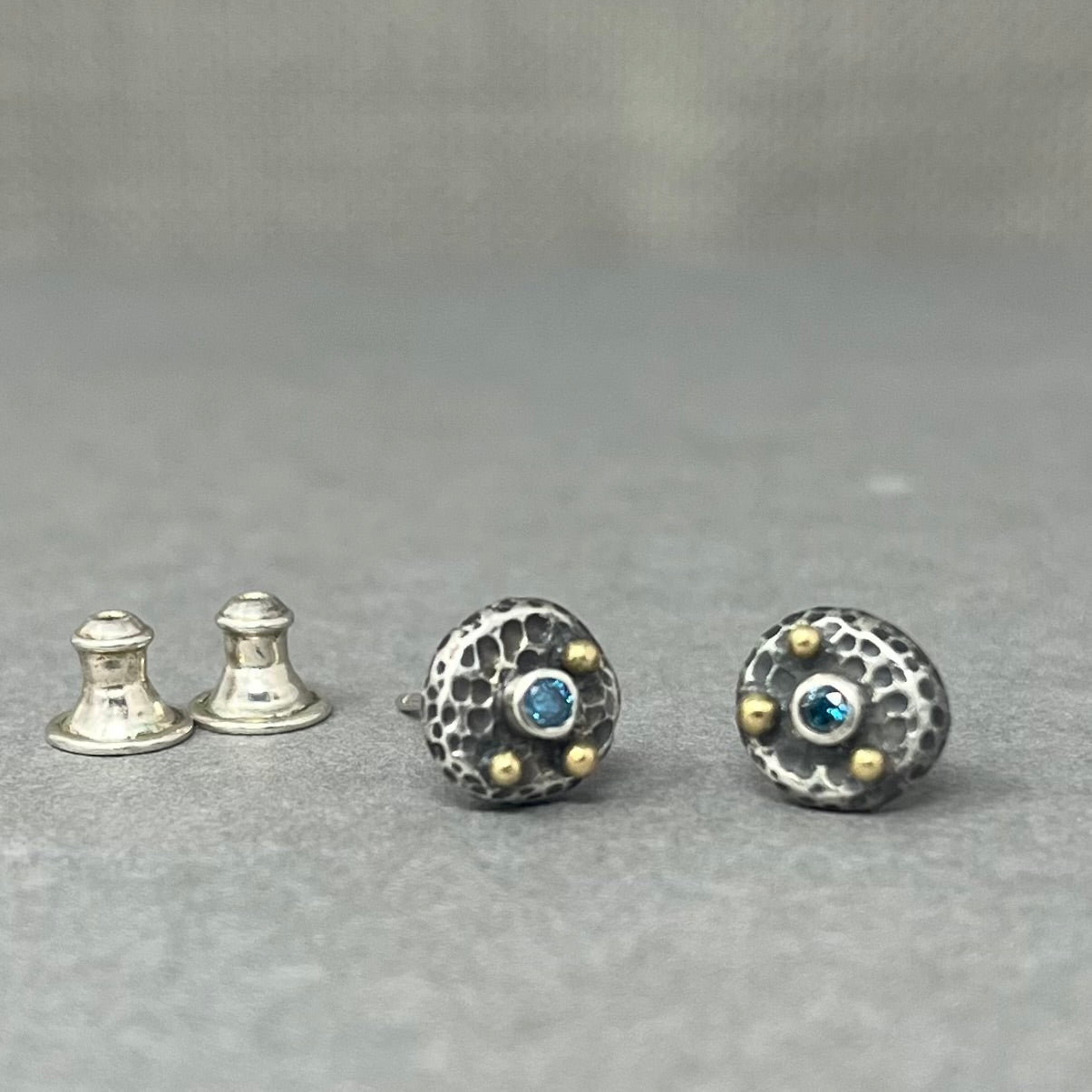 Silver and Gold Blue Diamond Studs - Emily Lisbeth Jewellery