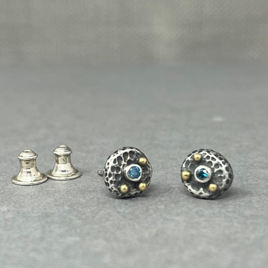 Silver and Gold Blue Diamond Studs - Emily Lisbeth Jewellery