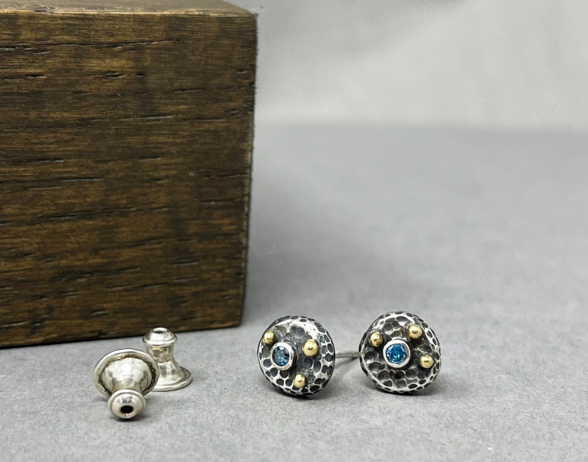 Silver and Gold Blue Diamond Studs - Emily Lisbeth Jewellery