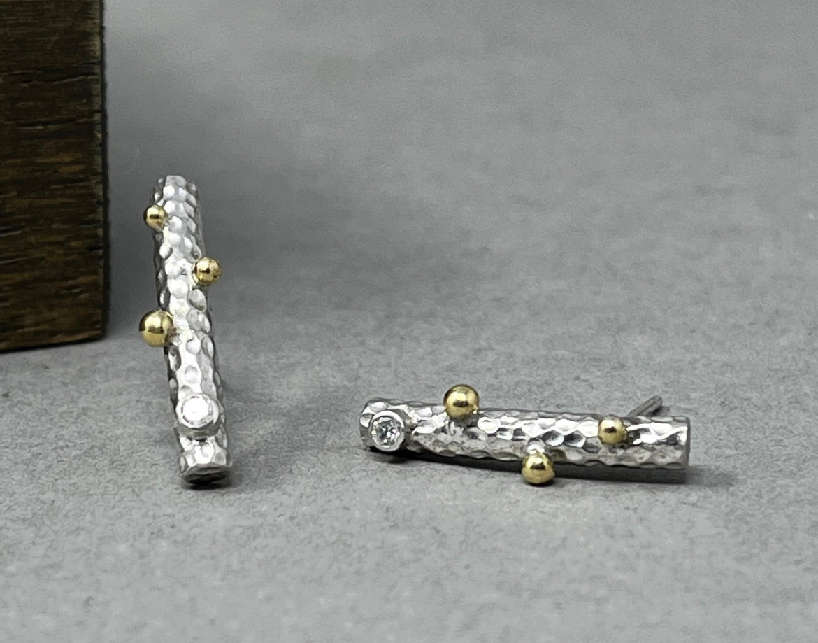 Silver and Gold Diamond Twig Earrings - Emily Lisbeth Jewellery