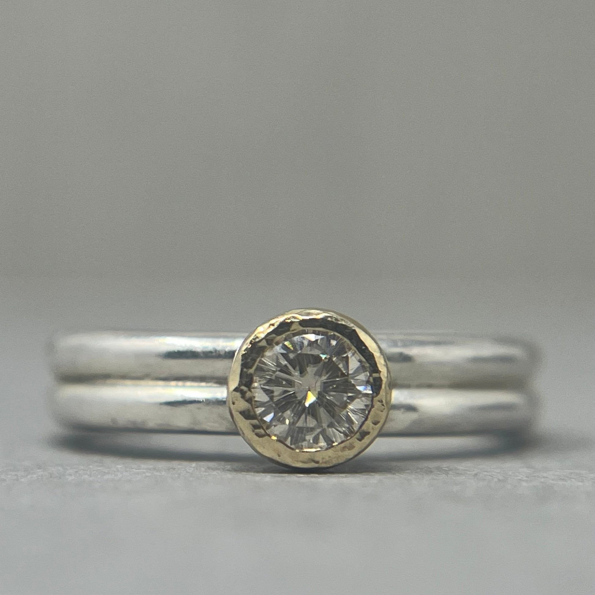 Silver and Gold Double Shank Moissanite Engagement Ring - Emily Lisbeth Jewellery