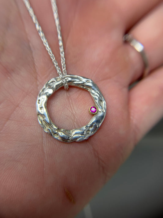 Silver and Ruby Molten Hoop Necklace - Emily Lisbeth Jewellery