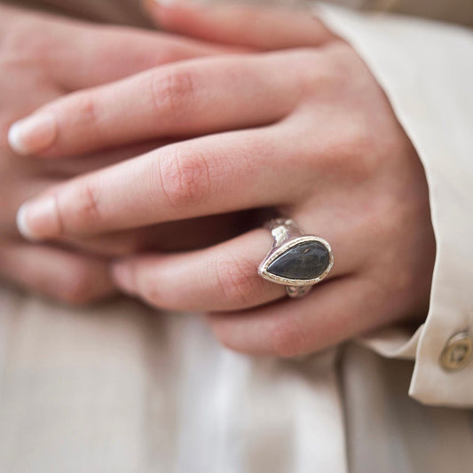 Silver Pear Labradorite Ring - Emily Lisbeth Jewellery