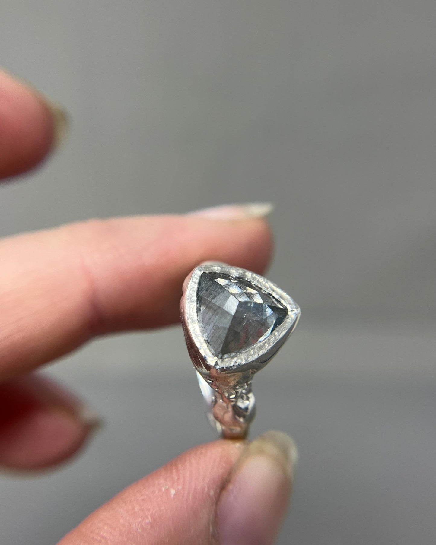 Silver Trillion Salt and Pepper Aquamarine Molten Ring - Emily Lisbeth Jewellery