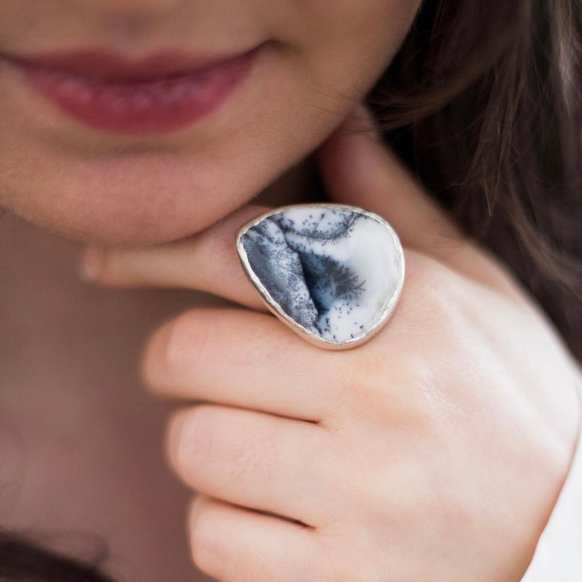 Winterscape Dendritic Agate Silver Ring - Emily Lisbeth Jewellery